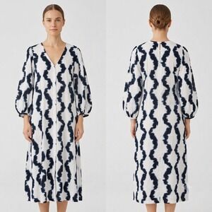 NWT H&M Blue White Tie Dye Ikat V-Neck Balloon Sleeve Midi Dress Womens XL